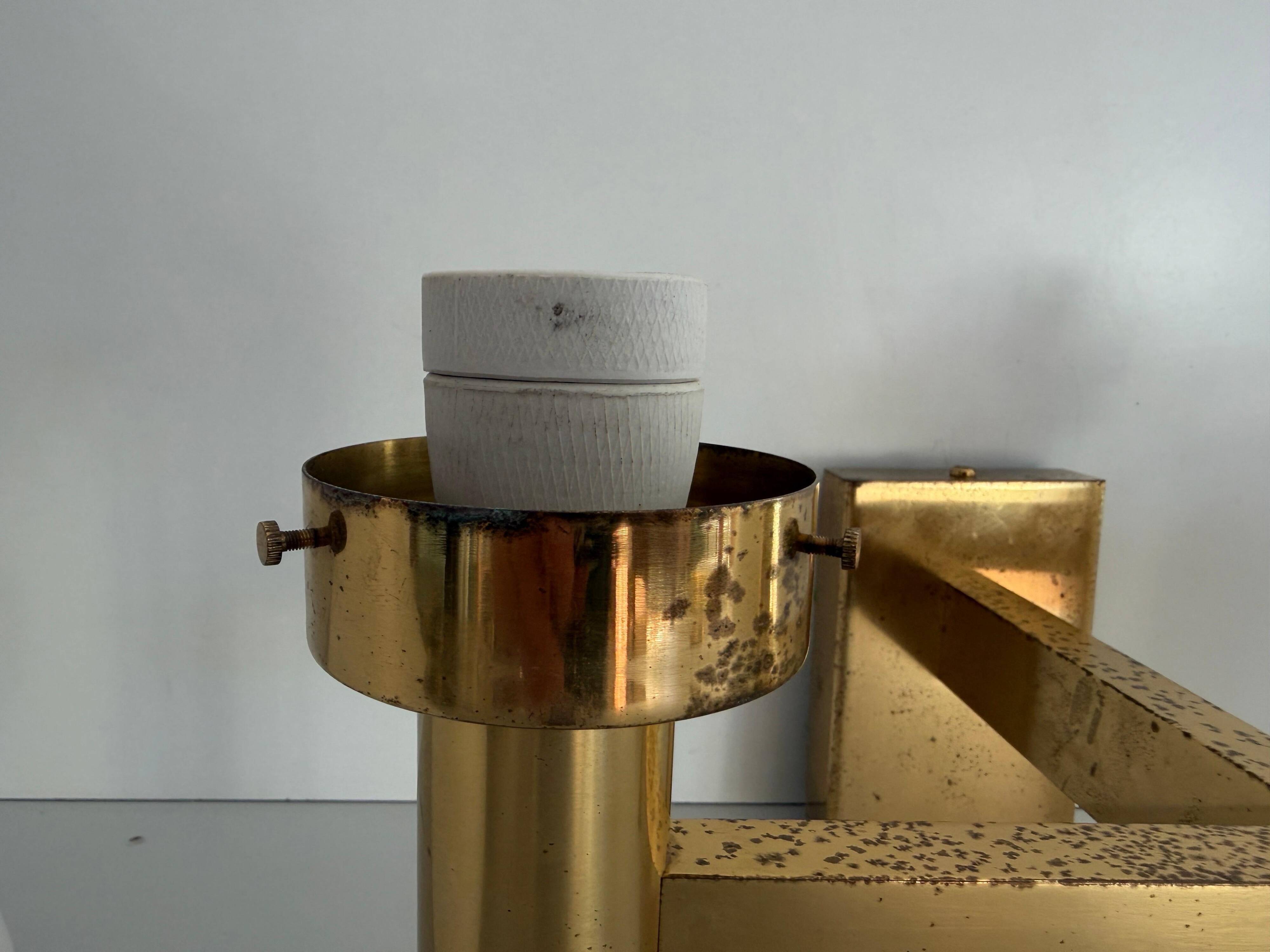 Double opal glass and heavy brass, large minimalist cinema wall light, 1960s, Germany