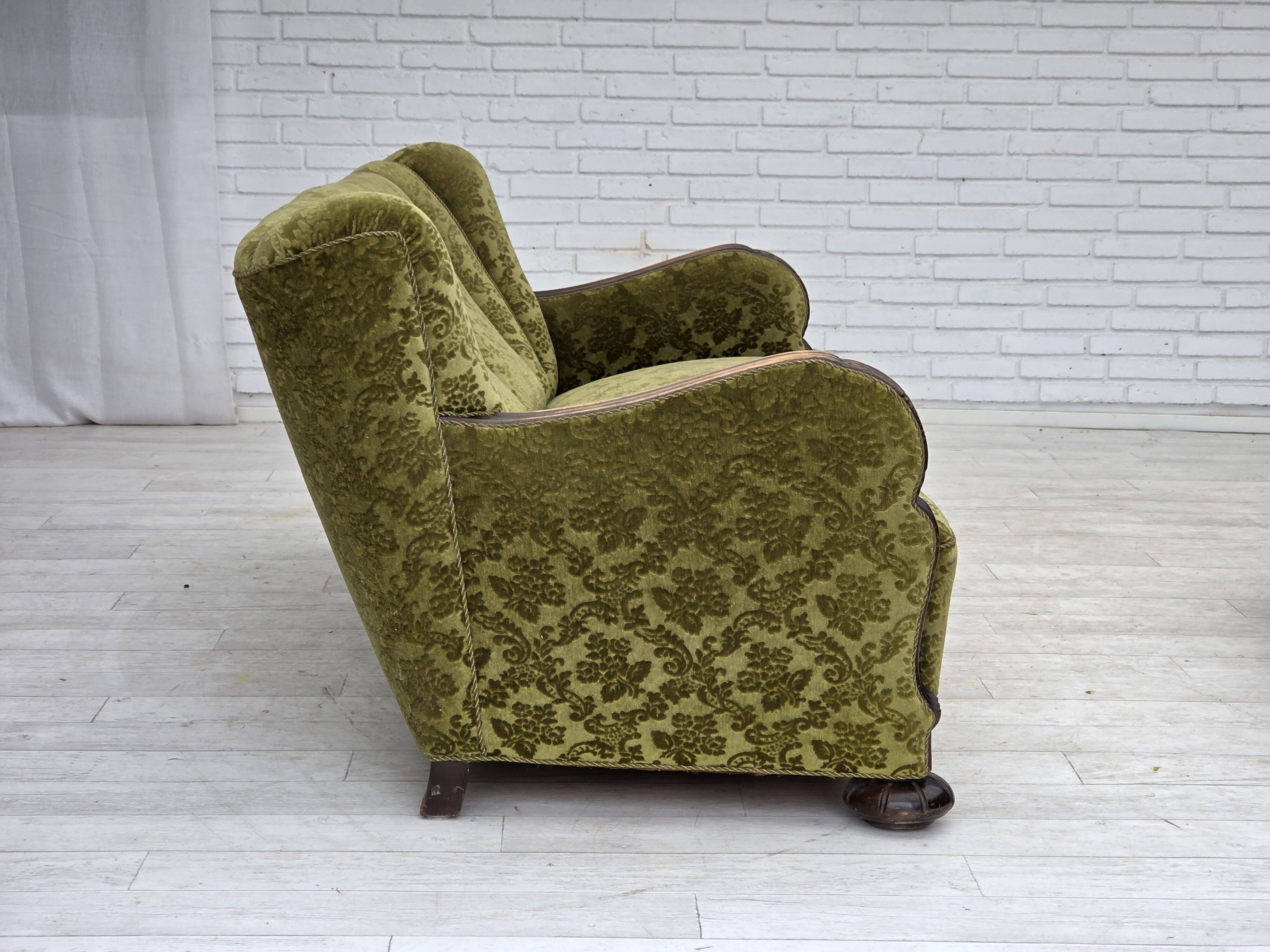 1960s, Danish 3-seater sofa, furniture velour, carved oak wood.