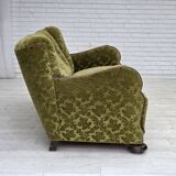 1960s, Danish 3-seater sofa, furniture velour, carved oak wood.