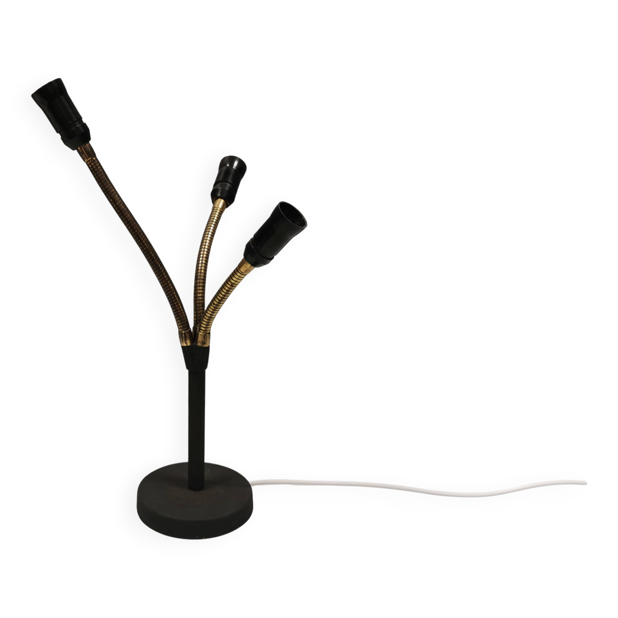Old cast iron table lamp with brass bend and 3 light sources