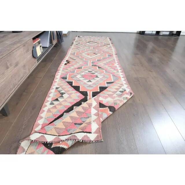 1970s Turkish Oushak Handmade Wool Cotton Pink Runner Rug 93x358