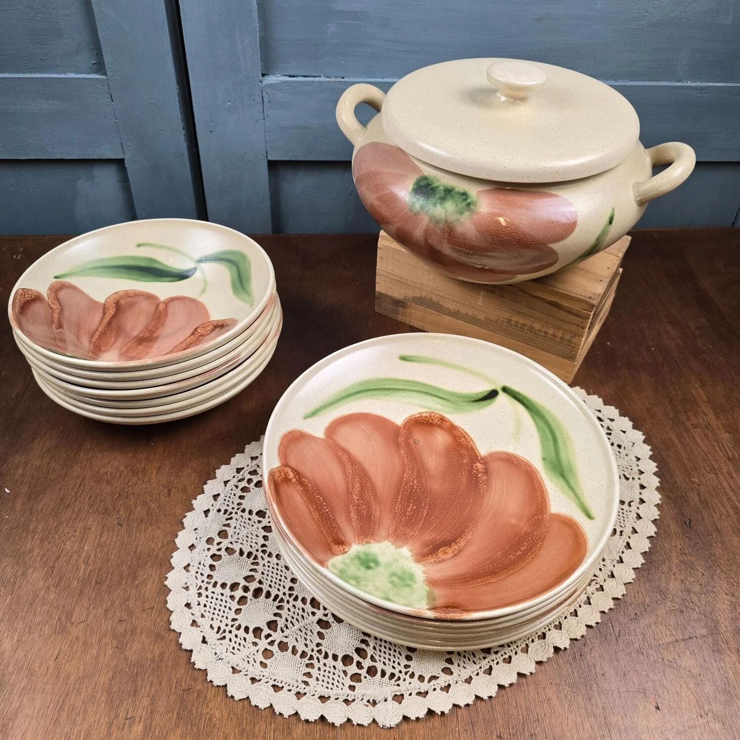 Vintage Salins Rhône service 15 pieces – Large hand-painted flowers