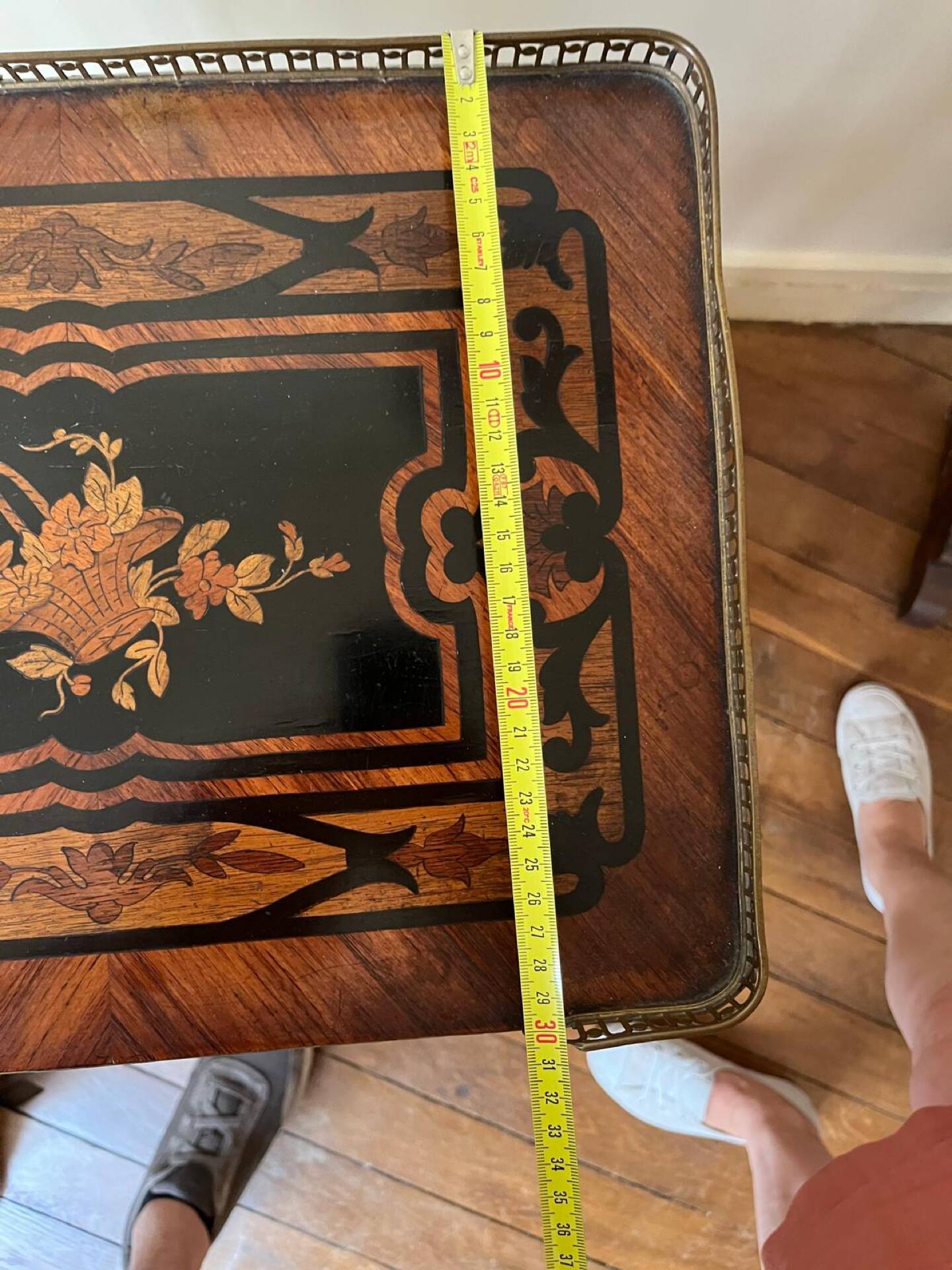 Napoleon III marquetry tiered table — rosewood, brass gallery,