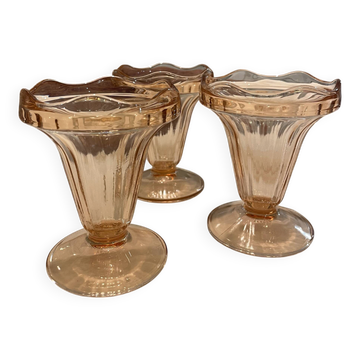 Set of 3 vintage pink glass ice cream bowls from France.