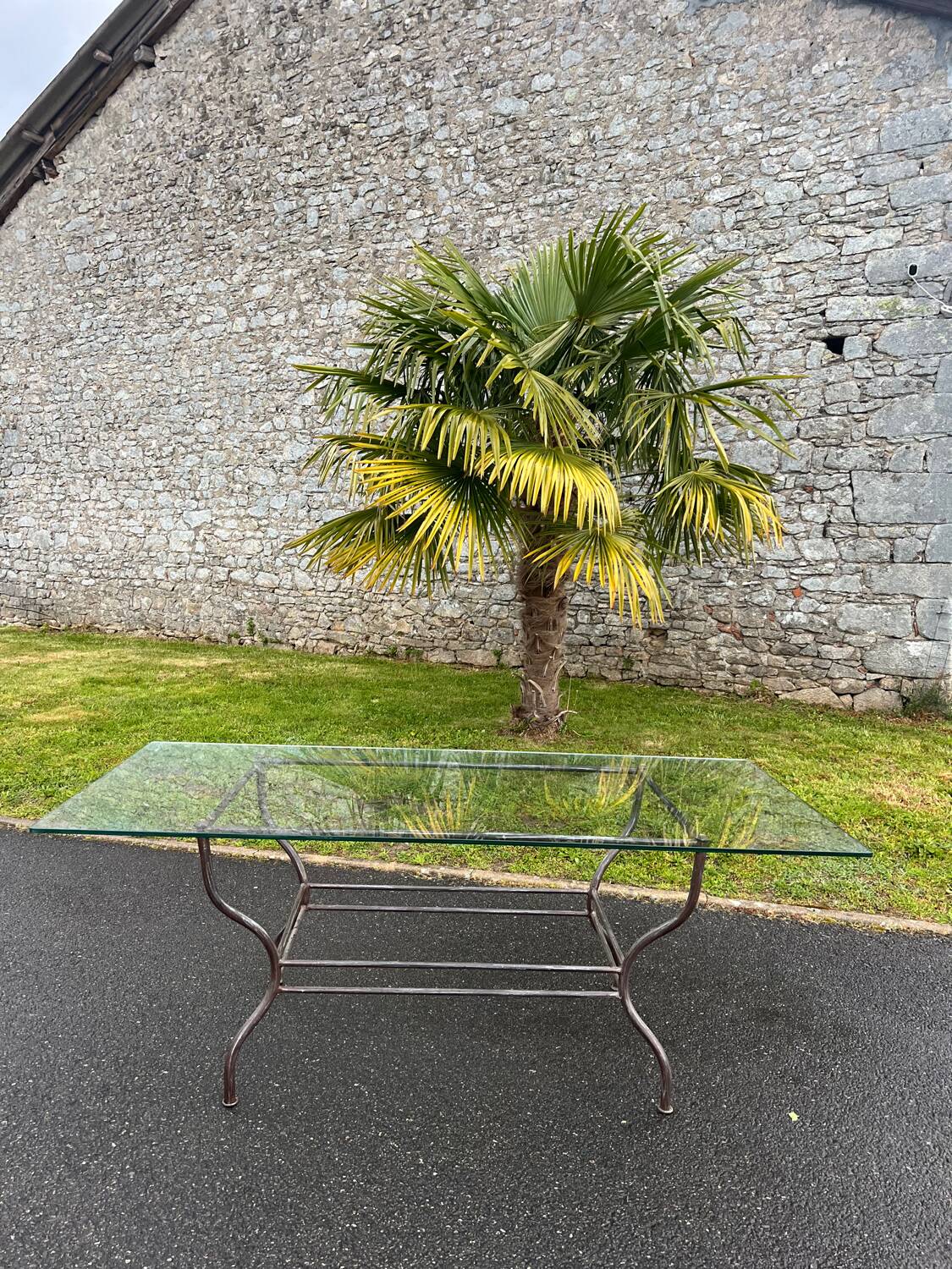 Rectangular table translucent glass top metal base vintage 1980