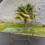 Rectangular table translucent glass top metal base vintage 1980