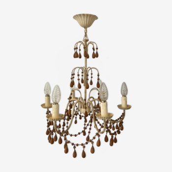 Lustre chandelier "vintage" décorés de perles en bois