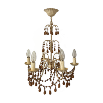 Lustre chandelier "vintage" décorés de perles en bois