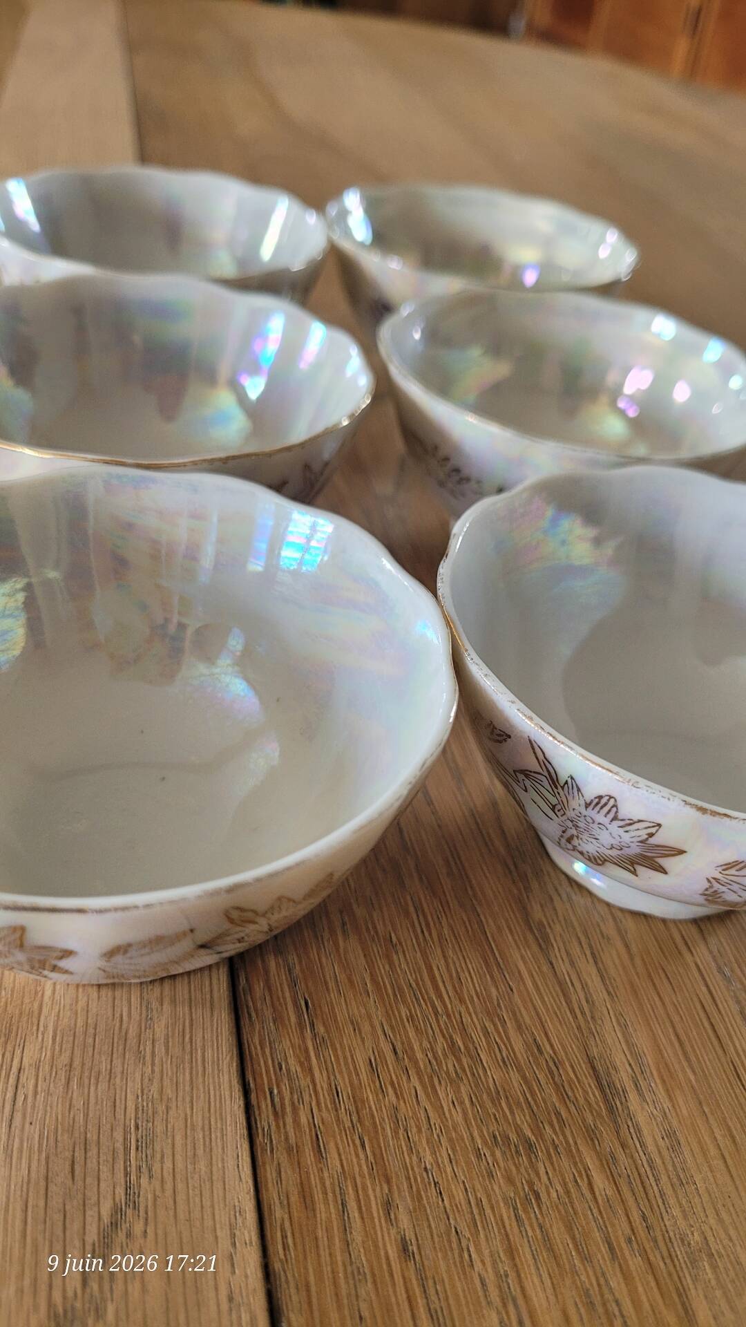 6 antique coffee cups in pearlescent porcelain