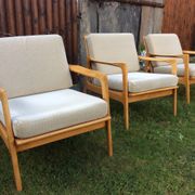 Vintage Scandinavian bench and armchairs of 4 pieces, 1 bench and 3 armchairs.
