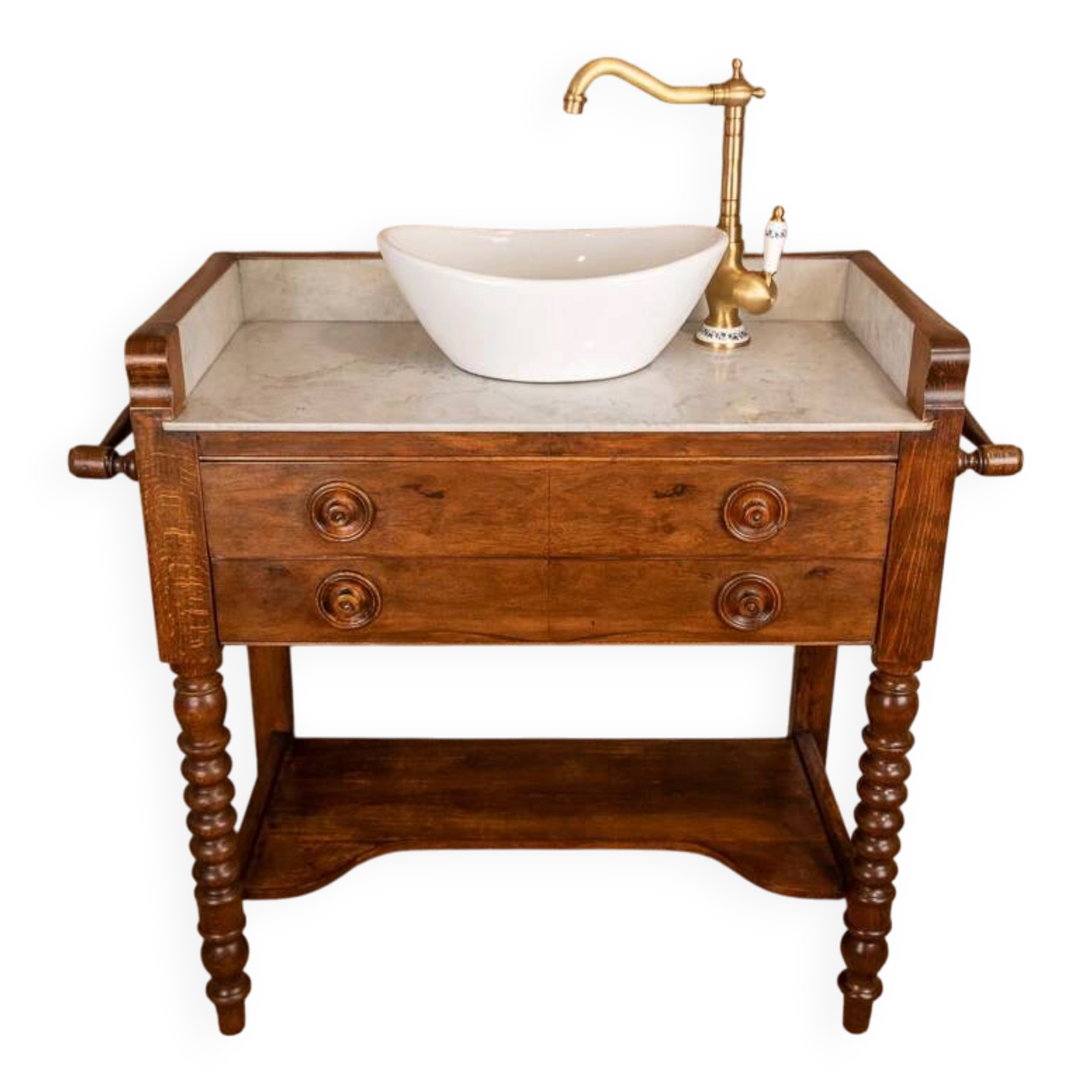 Marble and wood washbasin cabinet in Louis-Philippe style with double drawer.