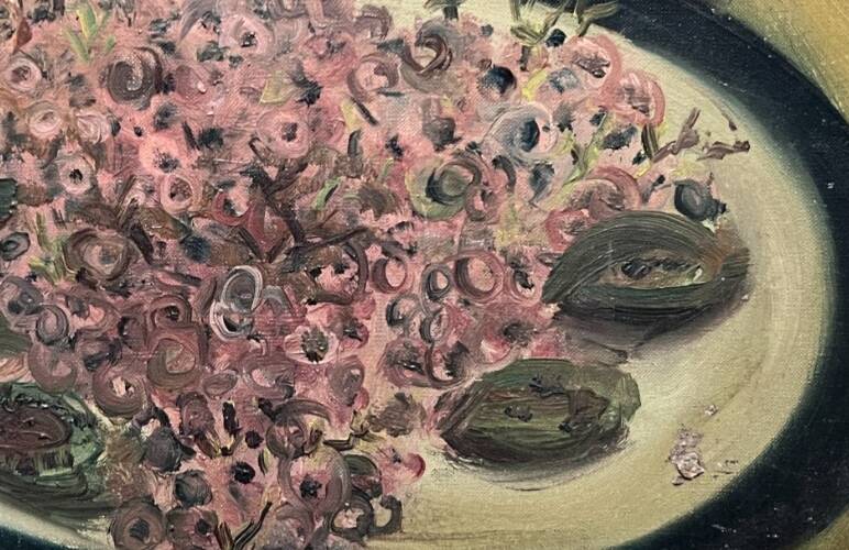 Peinture nature morte assiette de fleurs et verre à vin