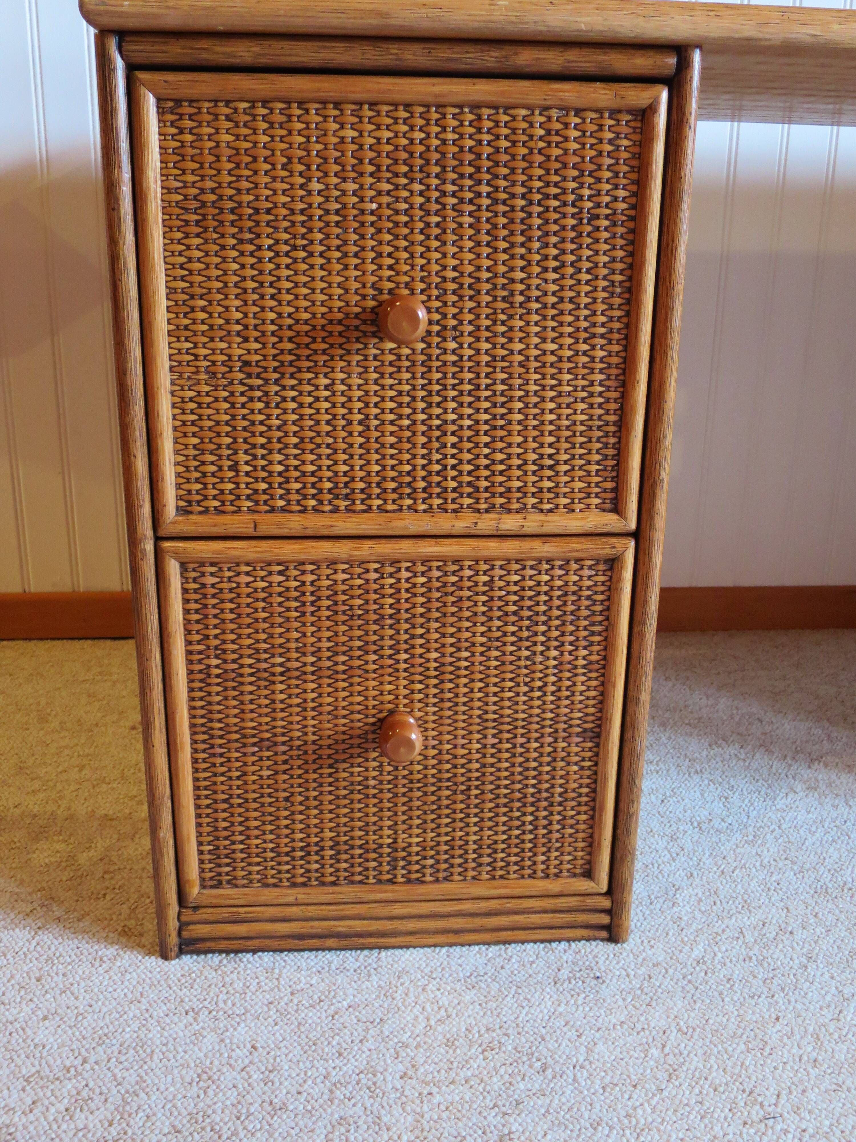 Rare vintage desk Ash and woven rattan - Large top - 6 drawers - Functional desk