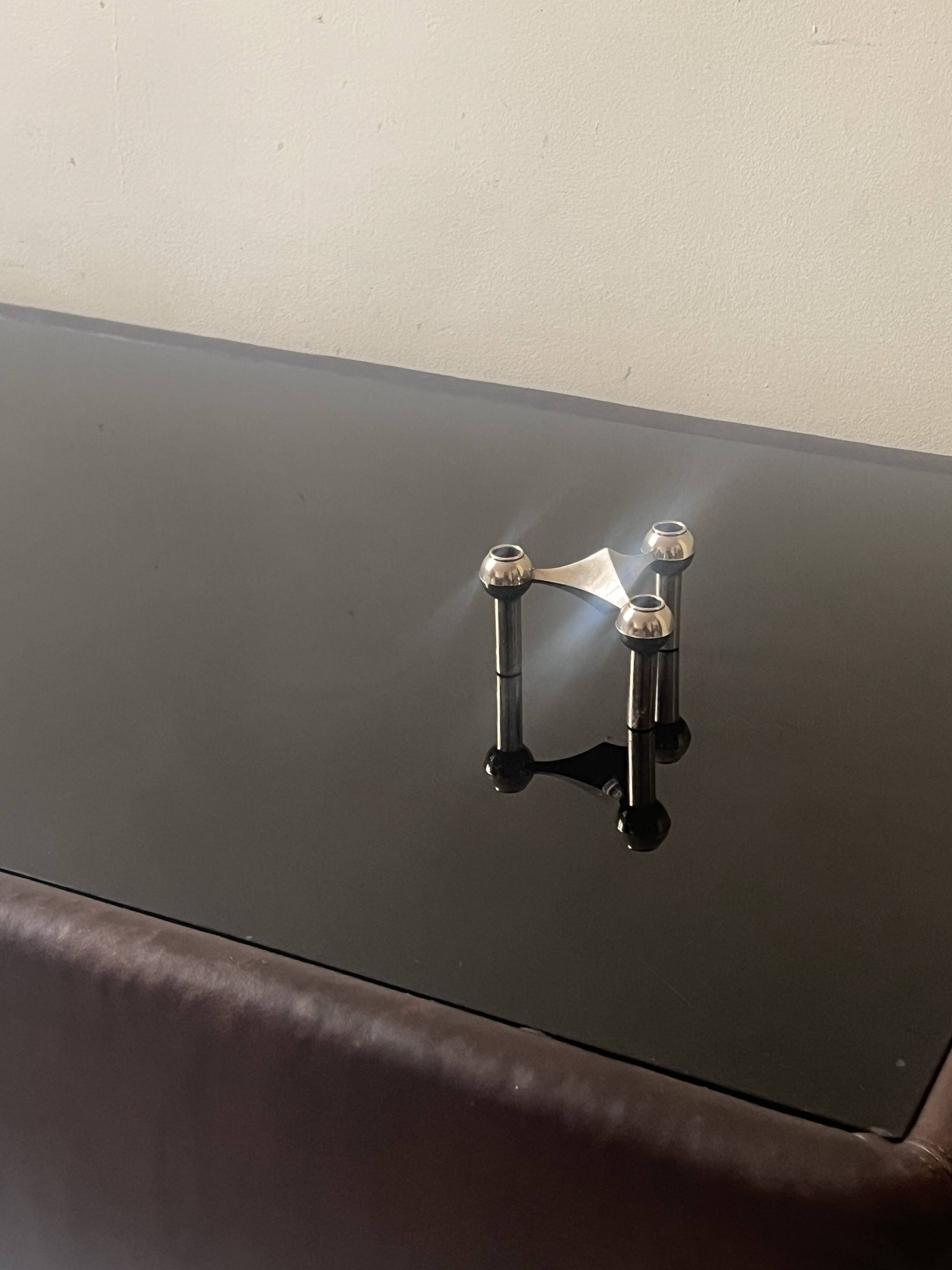 Vintage design coffee table in brown leather and black glass, Steiner France 1970.