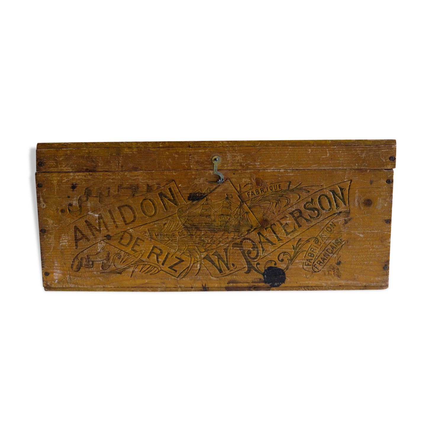 Ancient rice starch wooden case trunk W. Paterson, france