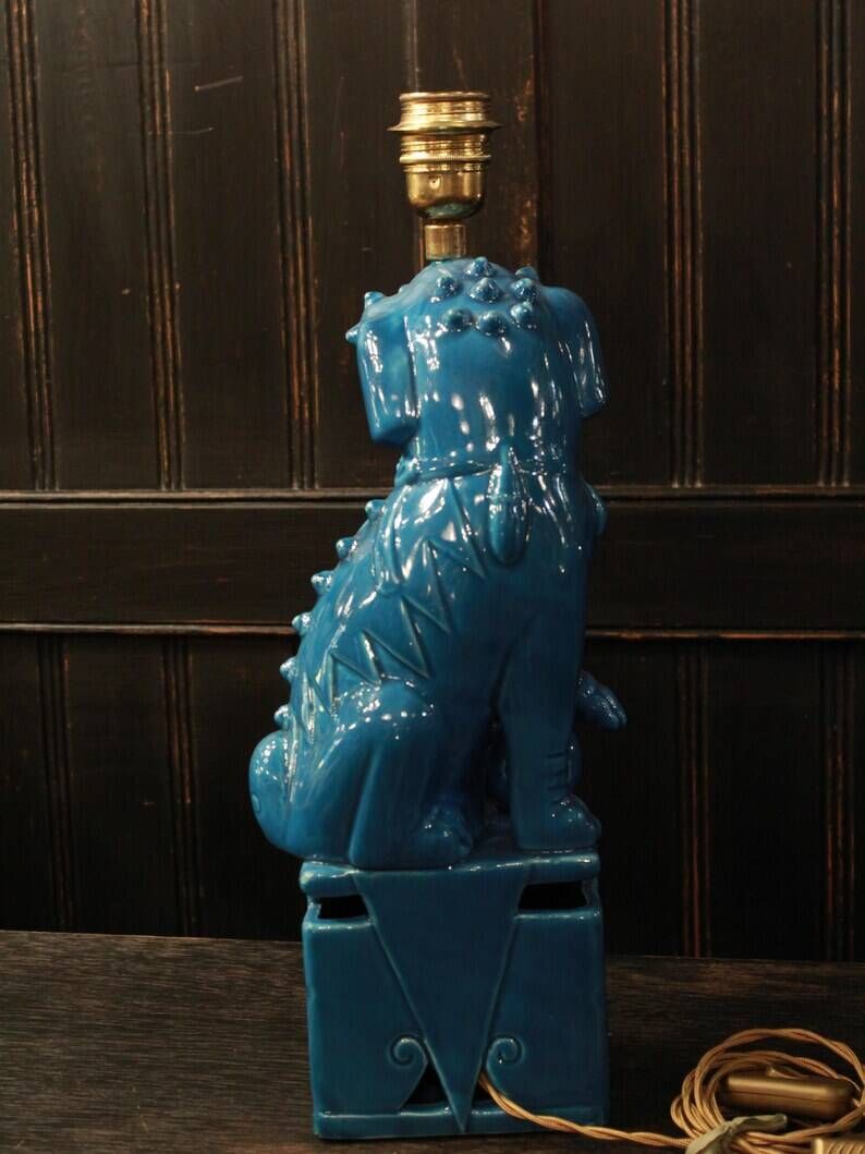 Lampe de table Foo Dog Vintage, céramique turquoise