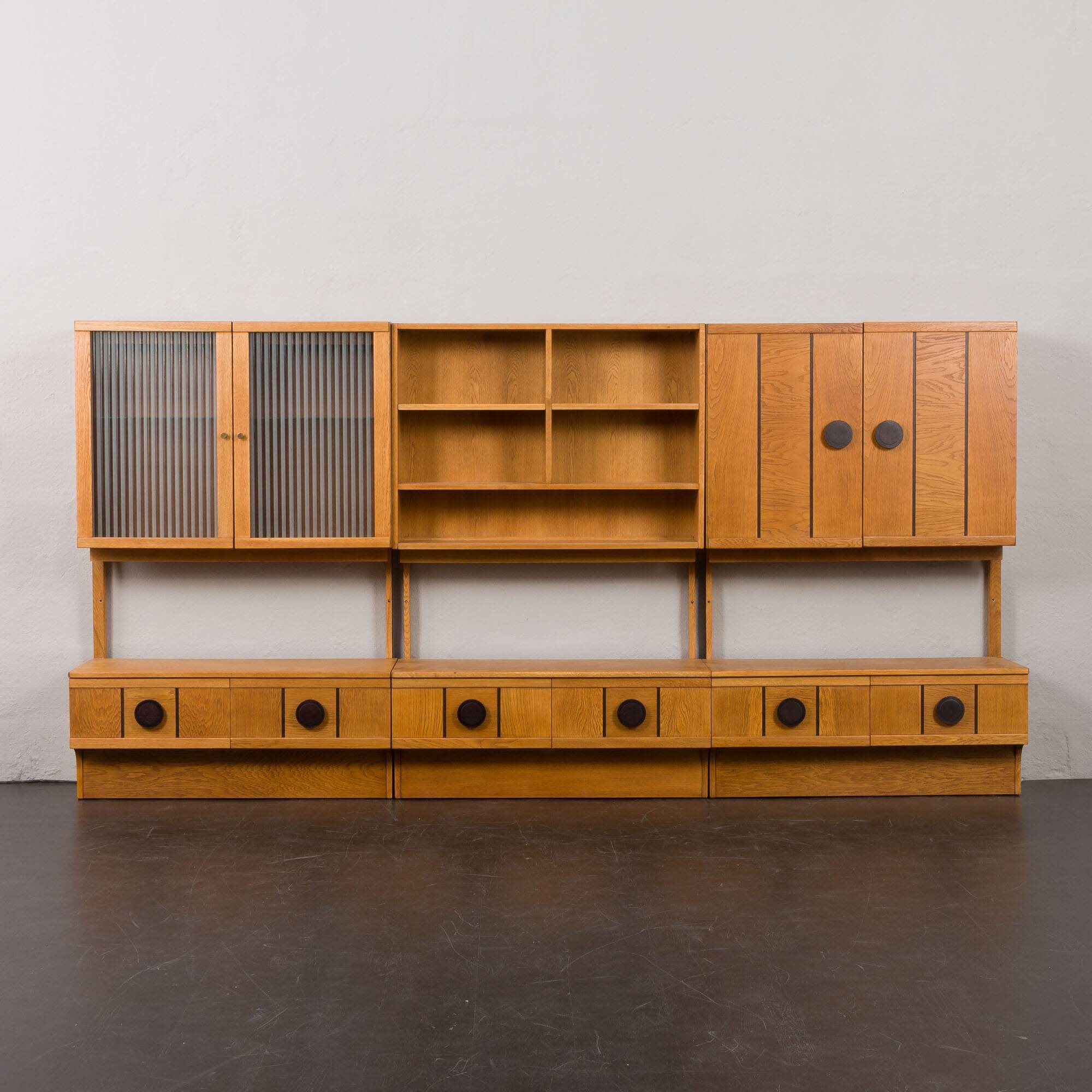Scandinavian mid century oak wall unit with backlit, Denmark 1970s