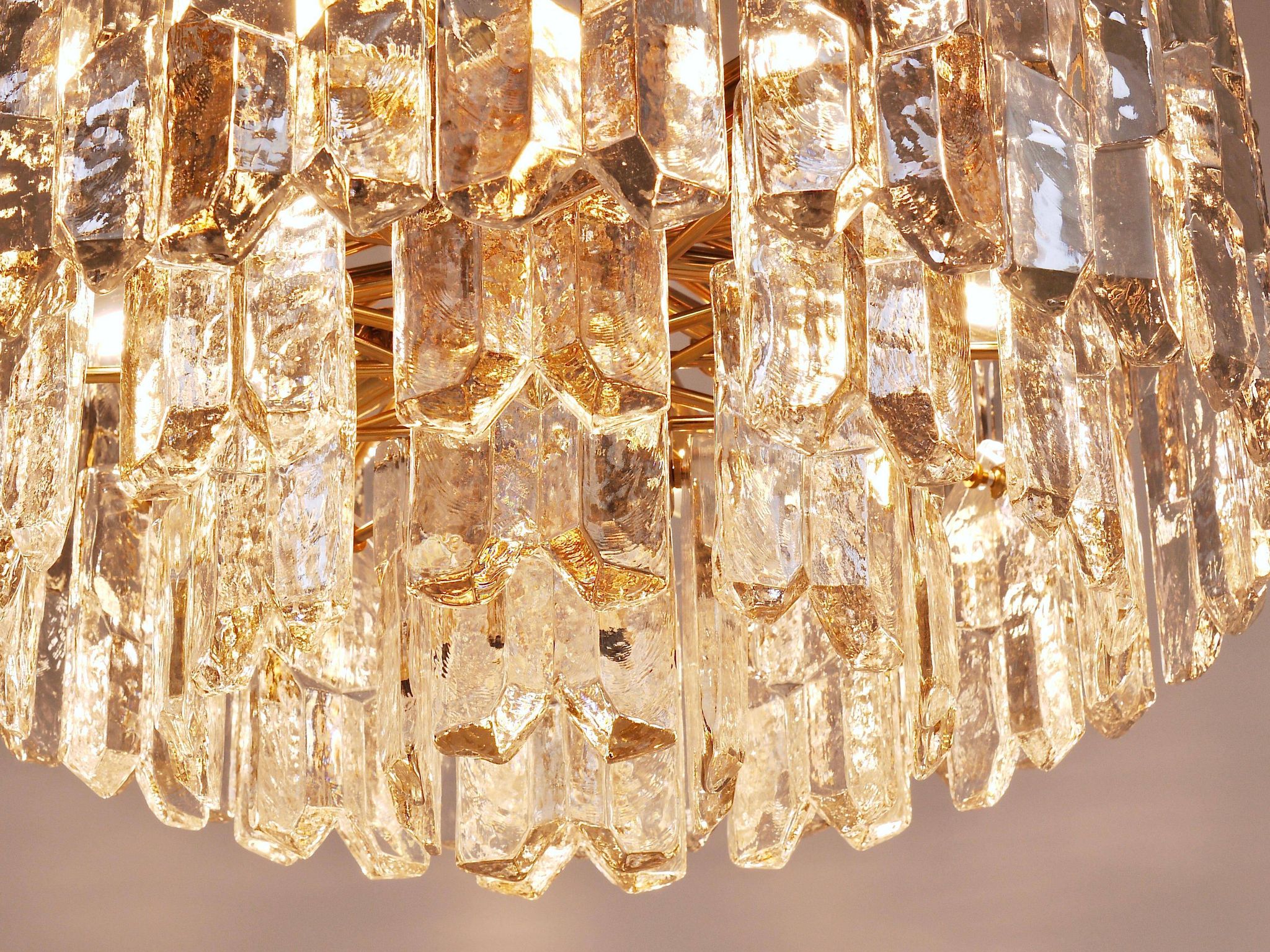 Large ceiling chandelier in gilded brass and glass Palazzo J.T. Kalmar, 1950s