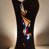 Carved wooden lamp and stained glass