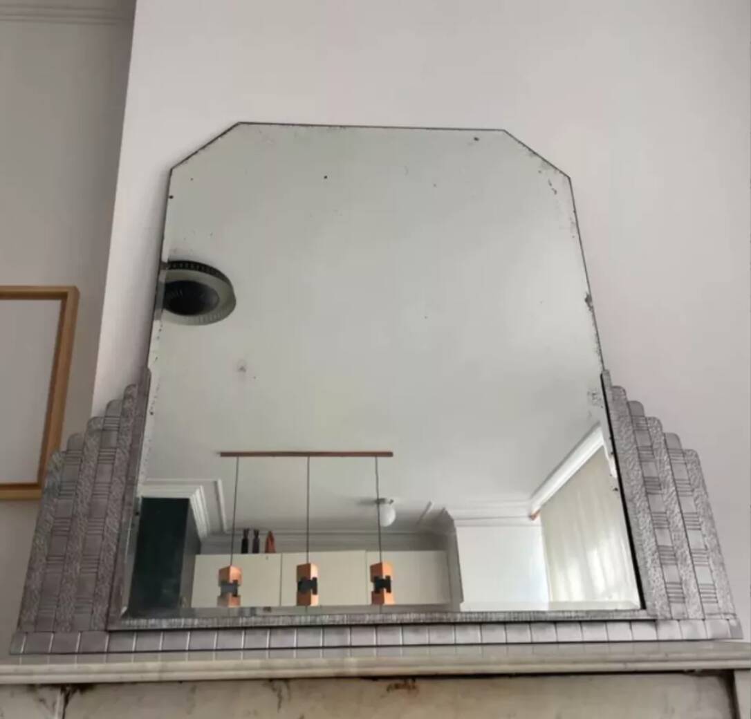Vintage hammered metal mirror, France art deco 1930