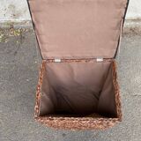 2 Scandinavian poufs in woven brown water hyacinth and leather