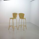 Set of 2 Glamorous Gilded Cobra Bar Stools with Green Velvet Upholstery 70s