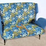 2-Seater Bench in Azure Blue Fabric – 1940s