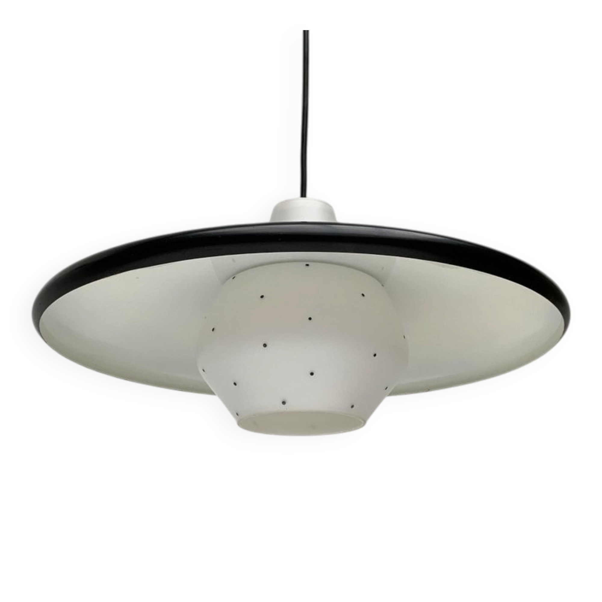 Minimalist metal and glass pendant lamp in mid-century style.