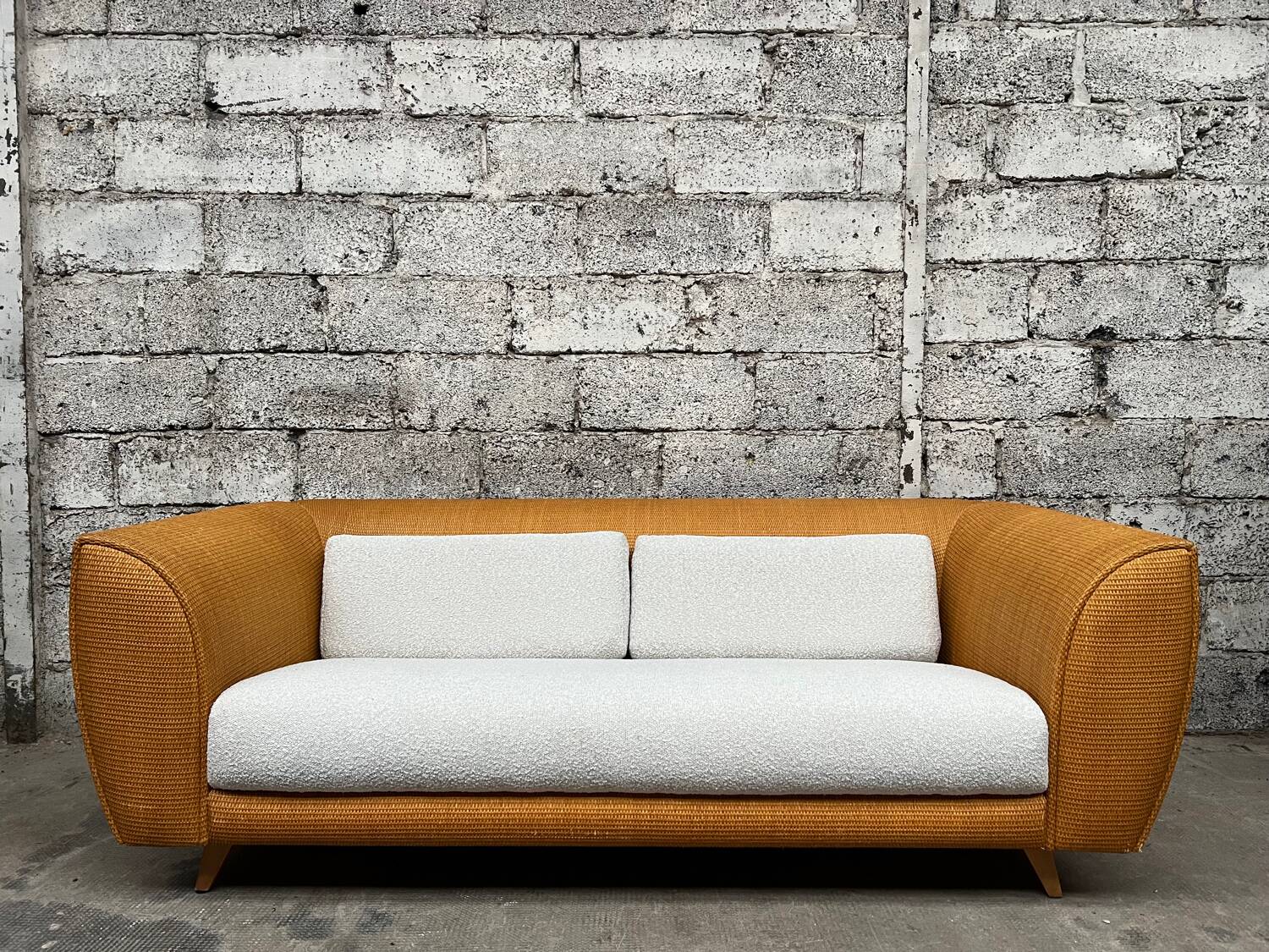 Vintage rattan sofa design 1970 ecru French terry fabric