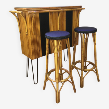 Rattan bar and its 2 stools 60s