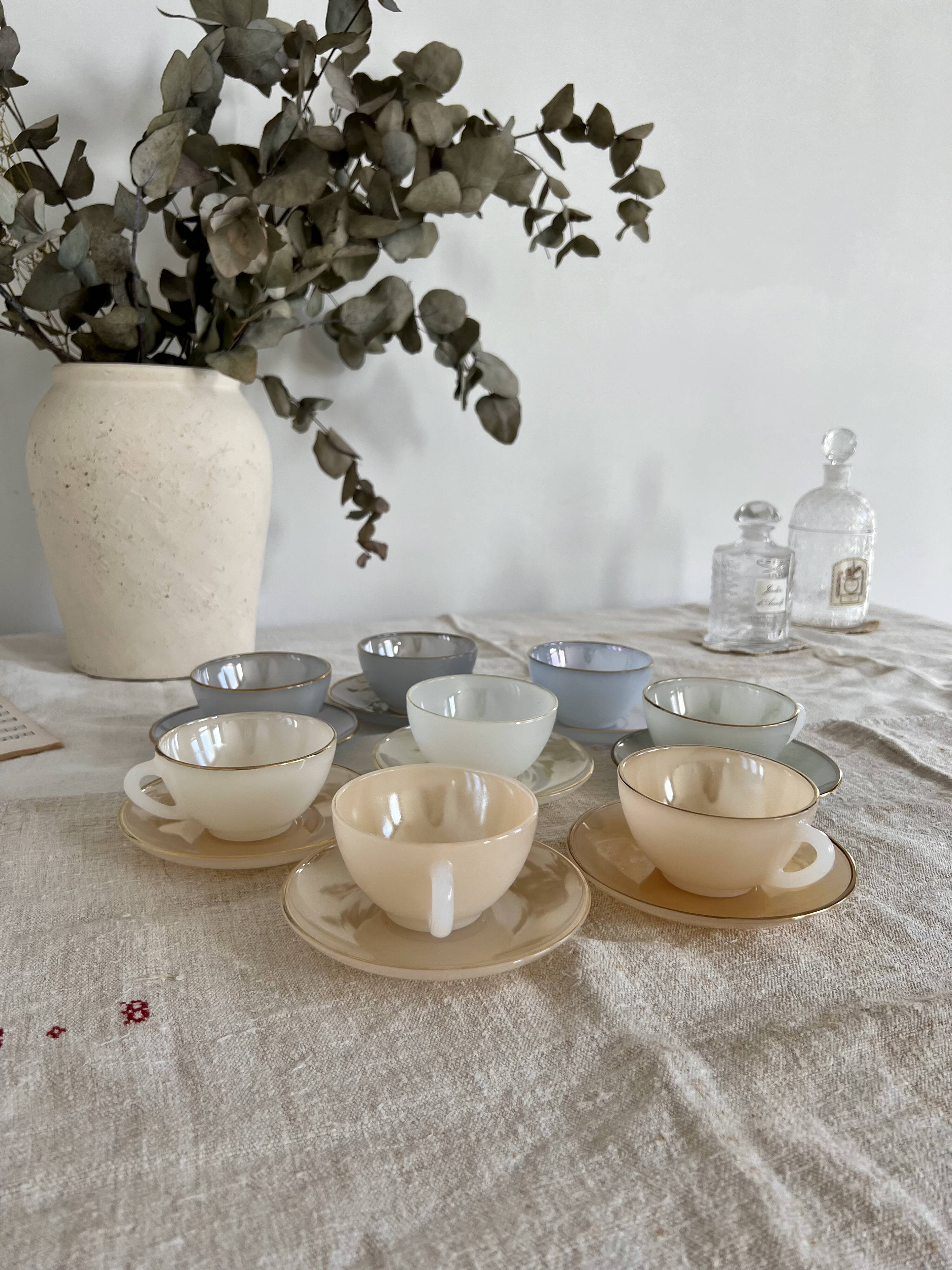 8 vintage cups and saucers Arcopal Harlequin opaline pastel tones with gold edging