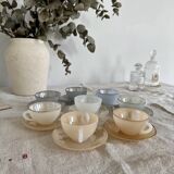 8 vintage cups and saucers Arcopal Harlequin opaline pastel tones with gold edging