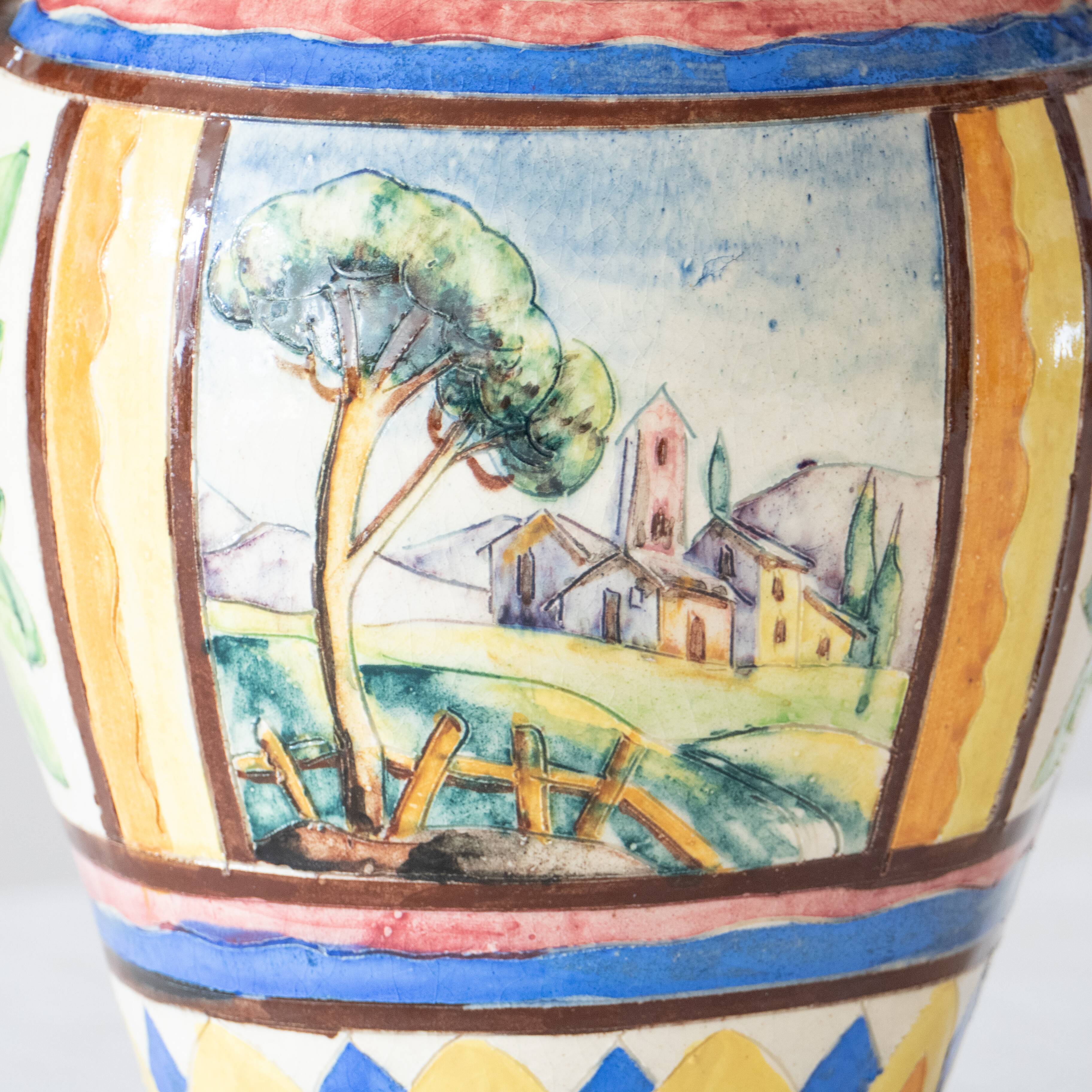 Old handcrafted amphora / polychrome bird glazed terracotta vase