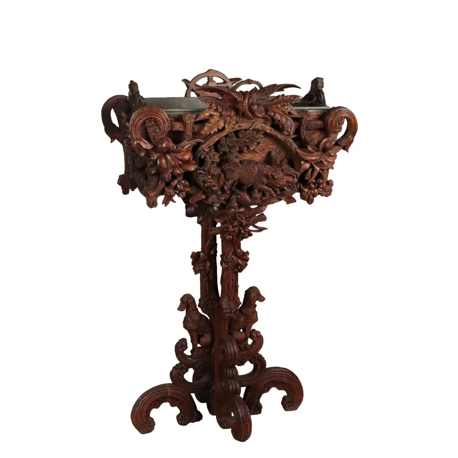 Jardinière ancienne néo-baroque en noyer, Suisse '800