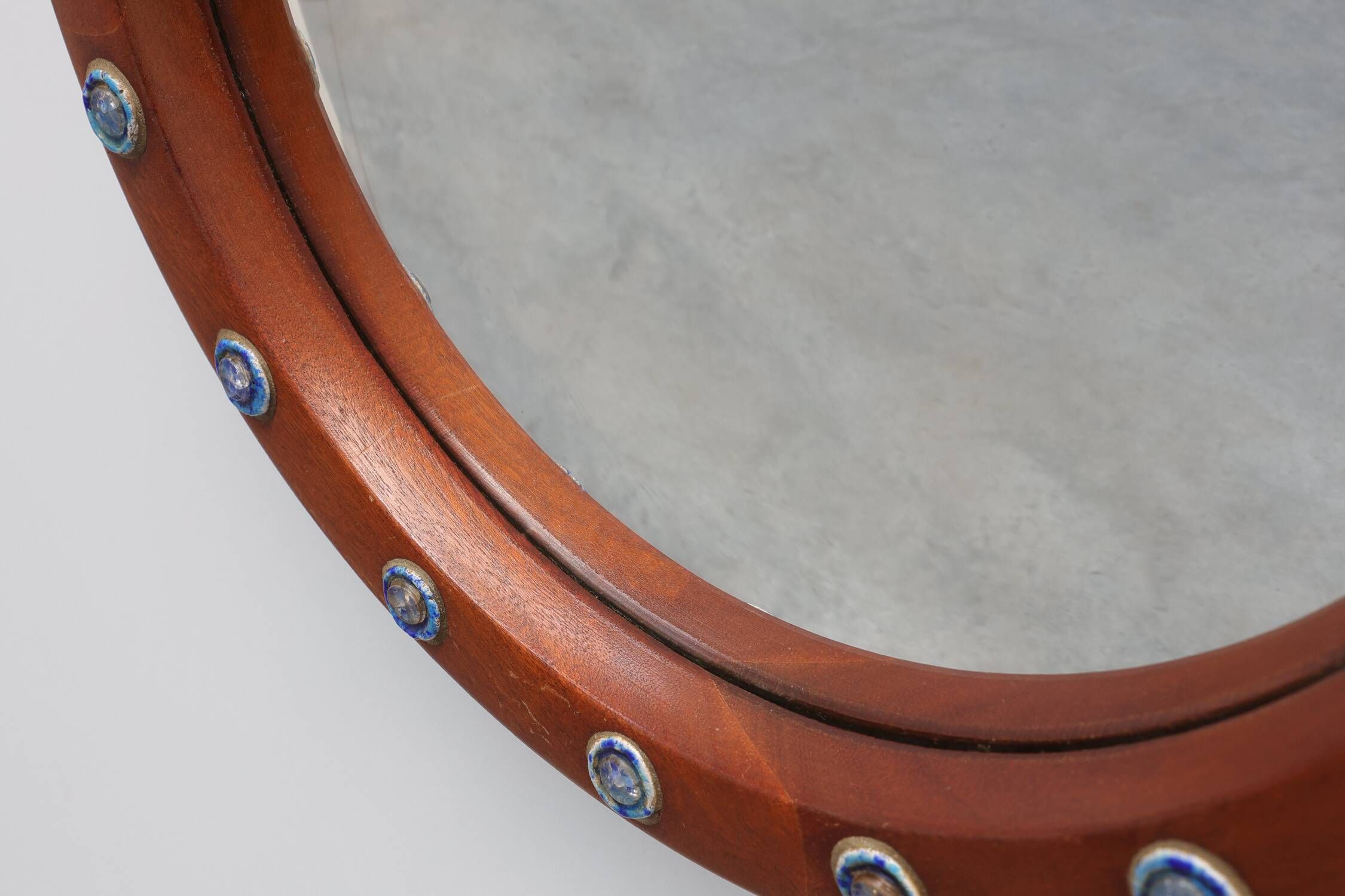 Pair of Deknudt Round Mirrors with Blue Ceramic Studs, Belgium, 1960s