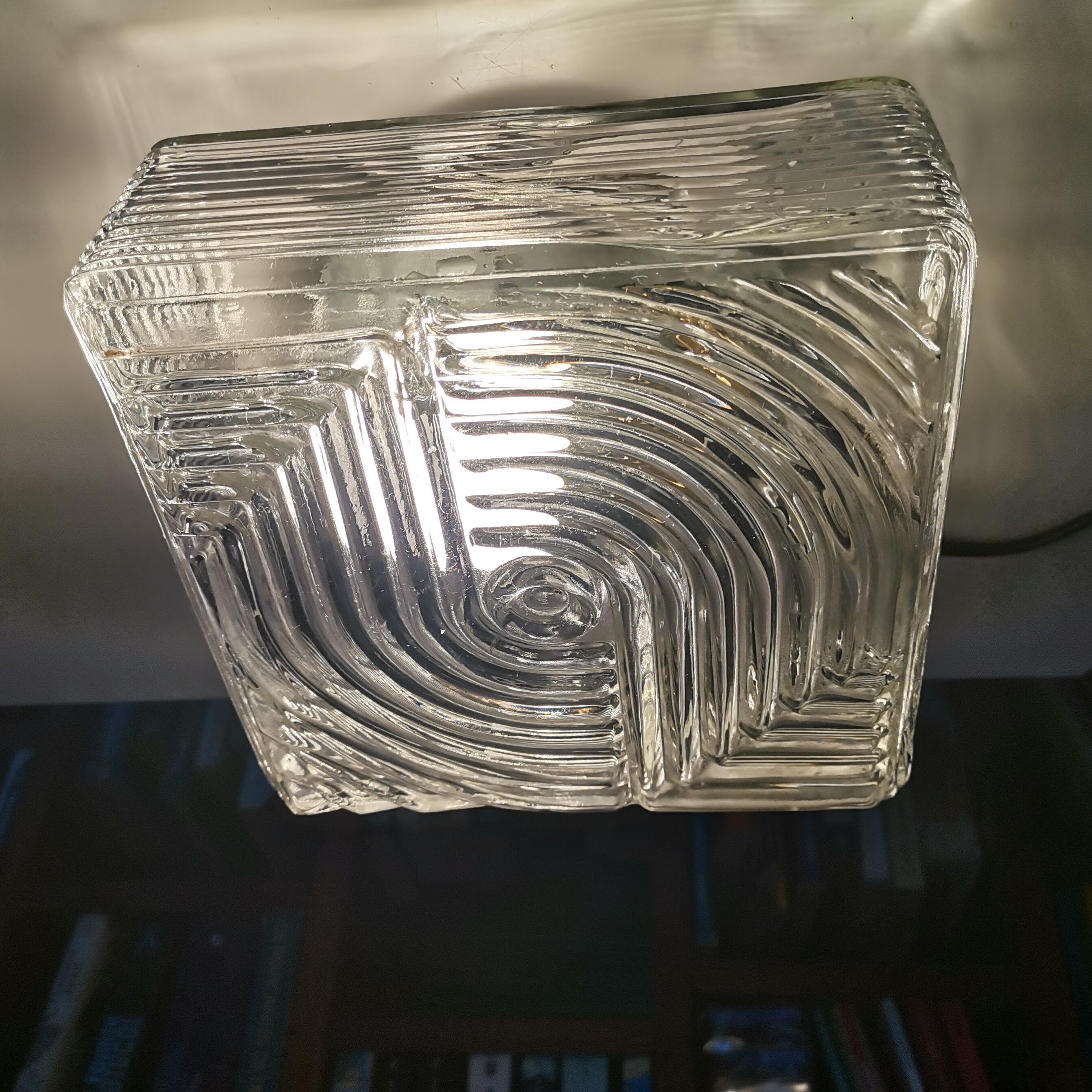 Square mid century clear ribbed glass flush mount light fixture lamp 1960s