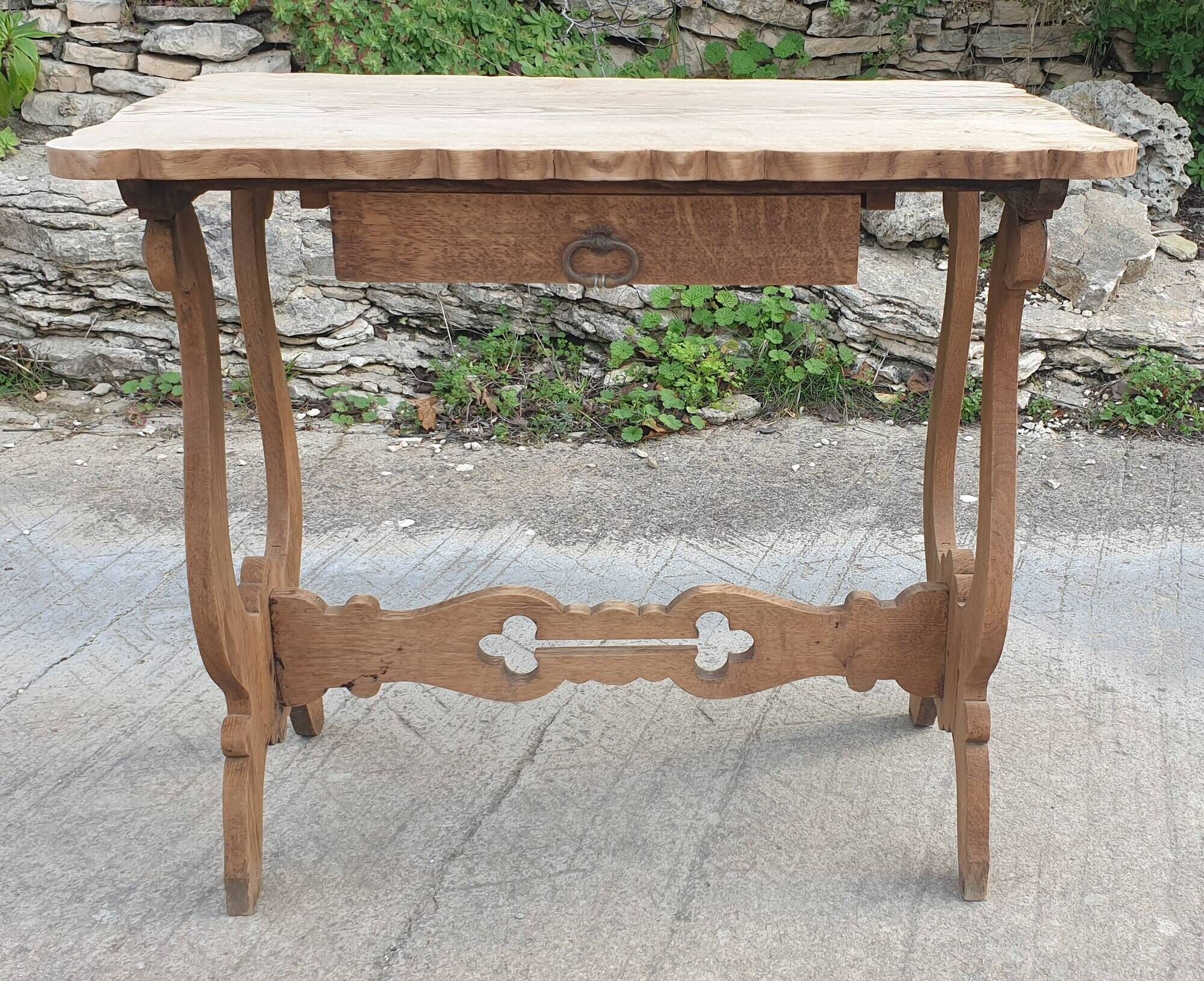 Lyre leg table in natural wood, one drawer, vintage