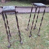 Pair of Brutalist patinated iron and veined marble columns, 1960s
