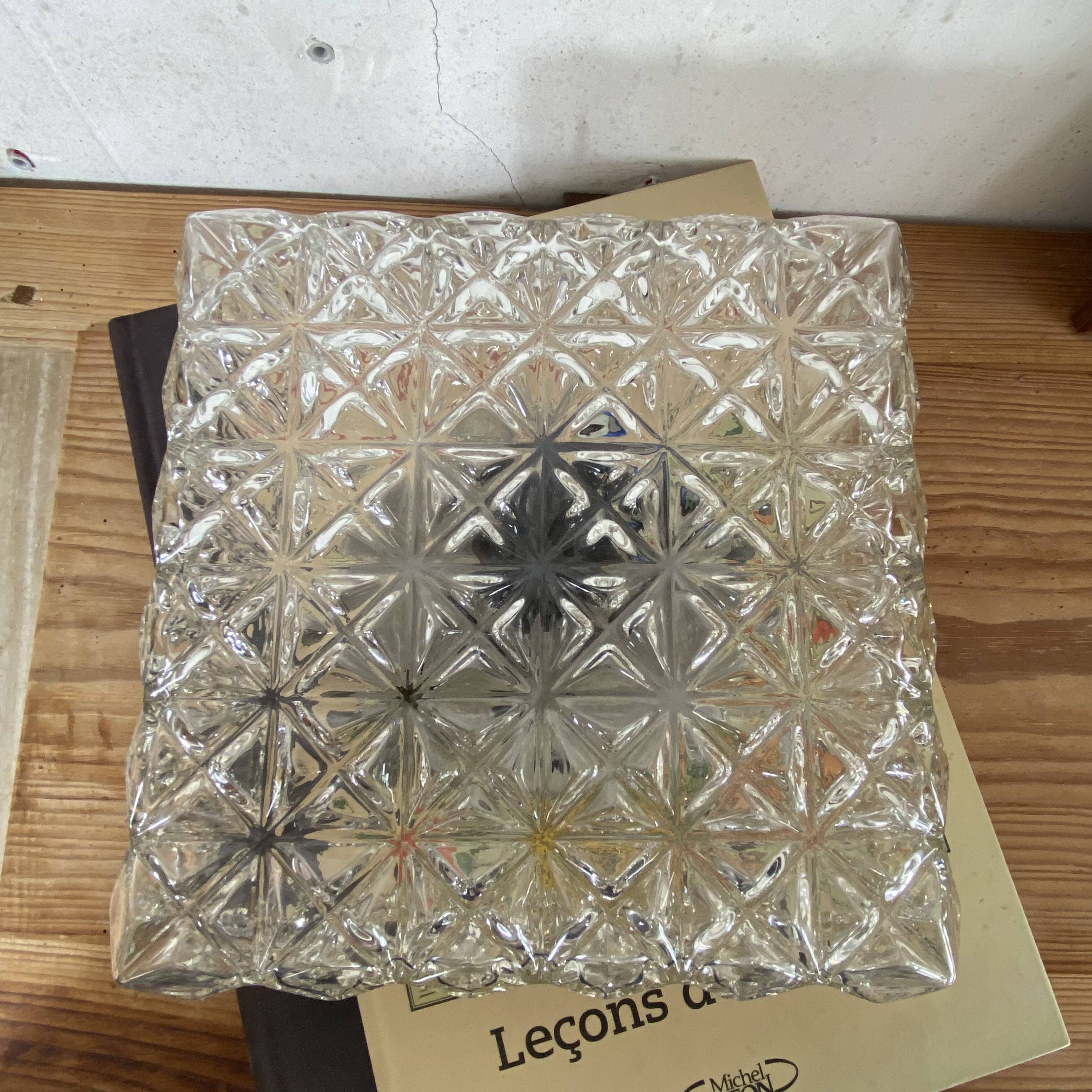 Square wall light or ceiling light in transparent glass, vintage fixture.