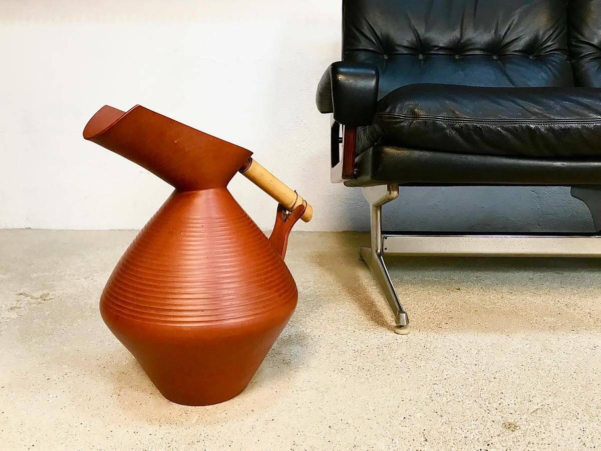 Studio pottery jug floor vase in terracotta and bamboo handle Germany 1950s