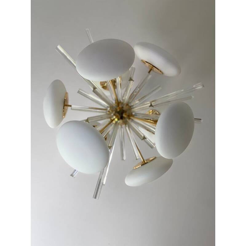 Contemporary Triedro and White Murano Glass Sputnik Gold Chandelier