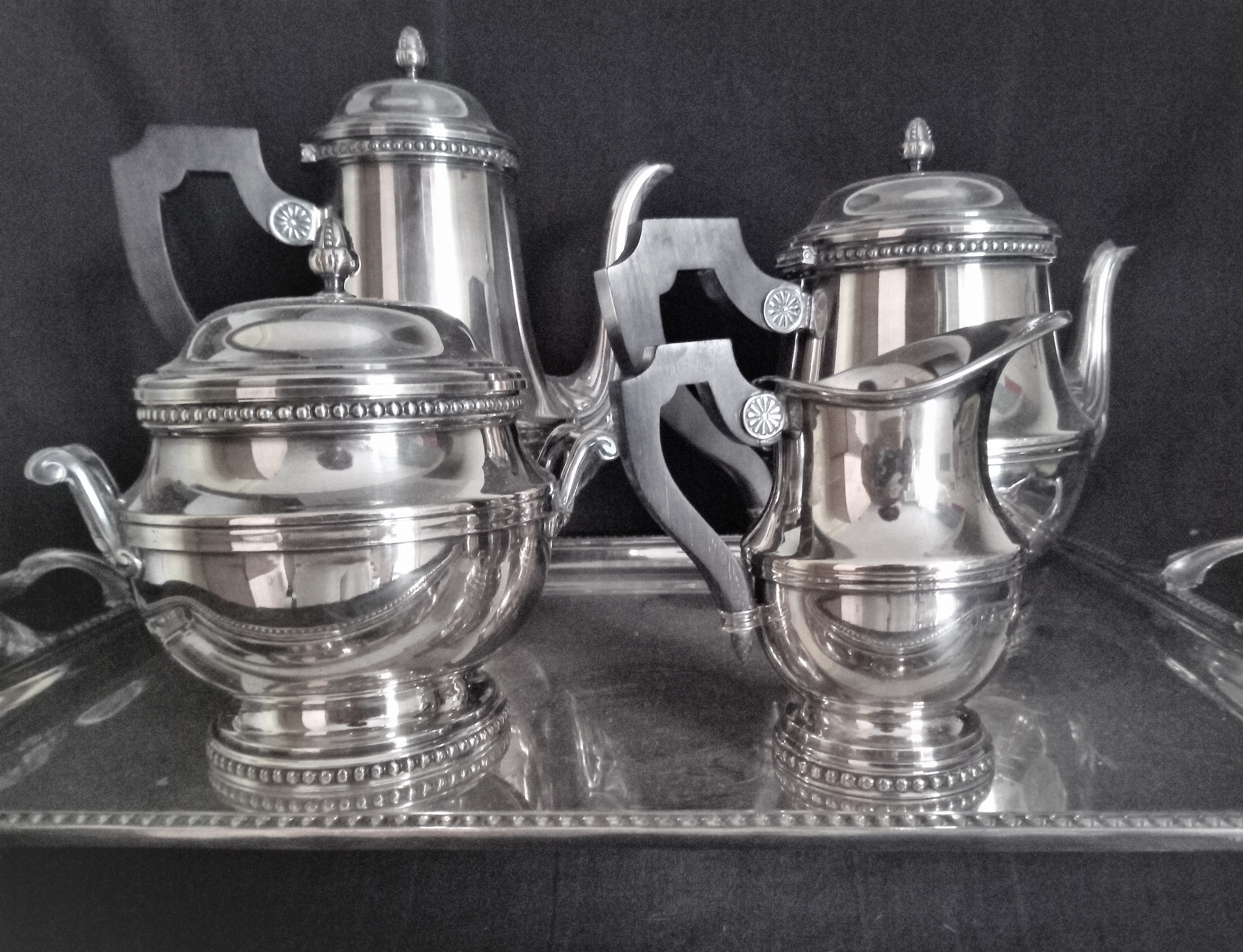 Tea and coffee set on tray, in silver metal Ercuis Goldsmith