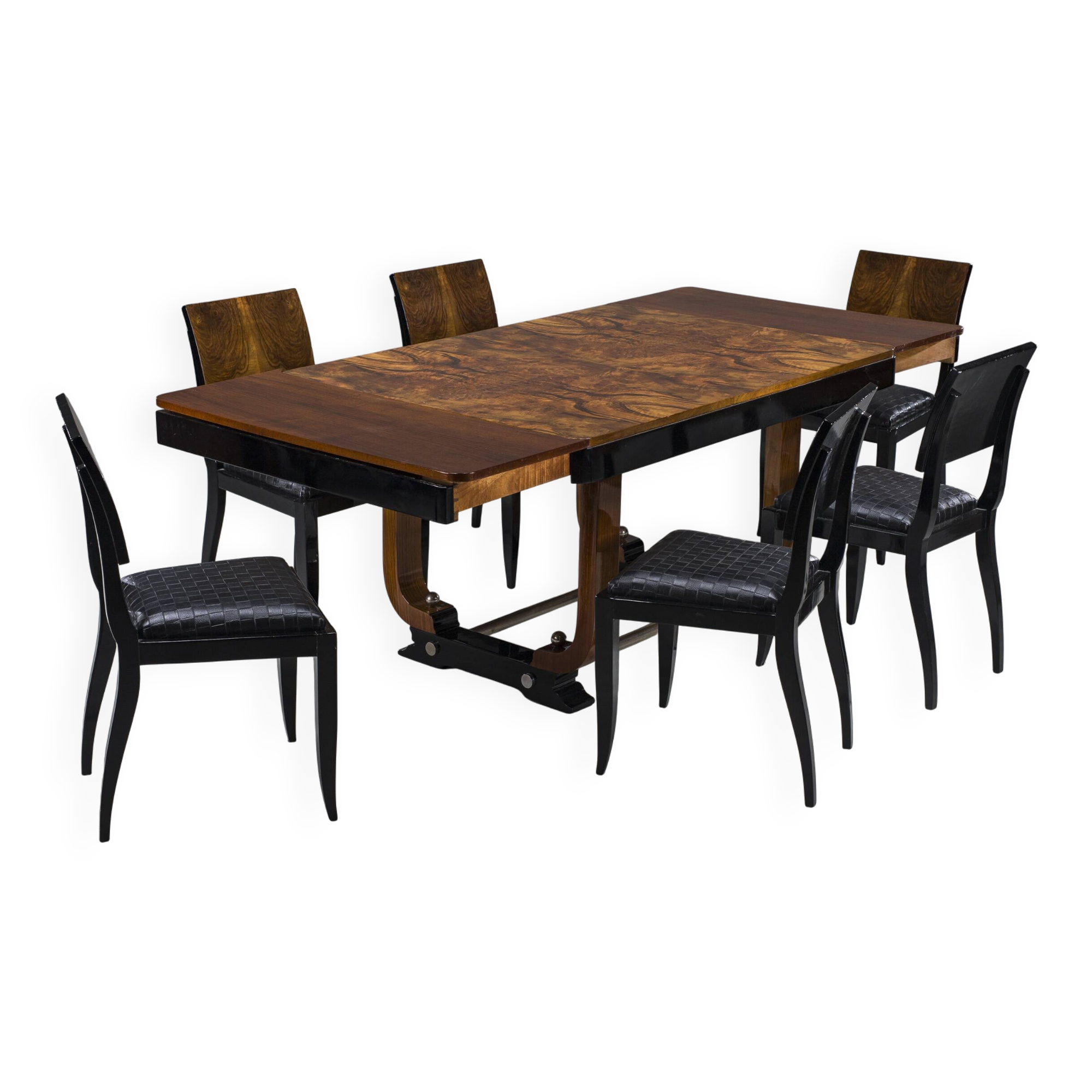Art Deco French Walnut & Burl Dining Set, 1930s, Set of 7