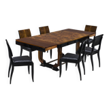 Art Deco French Walnut & Burl Dining Set, 1930s, Set of 7
