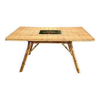 Audoux Minet bamboo rattan ceramic dining table, signed La Roue Vallauris