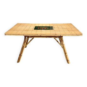 Table à manger Audoux Minet bambou rotin céramique signée La Roue Vallauris