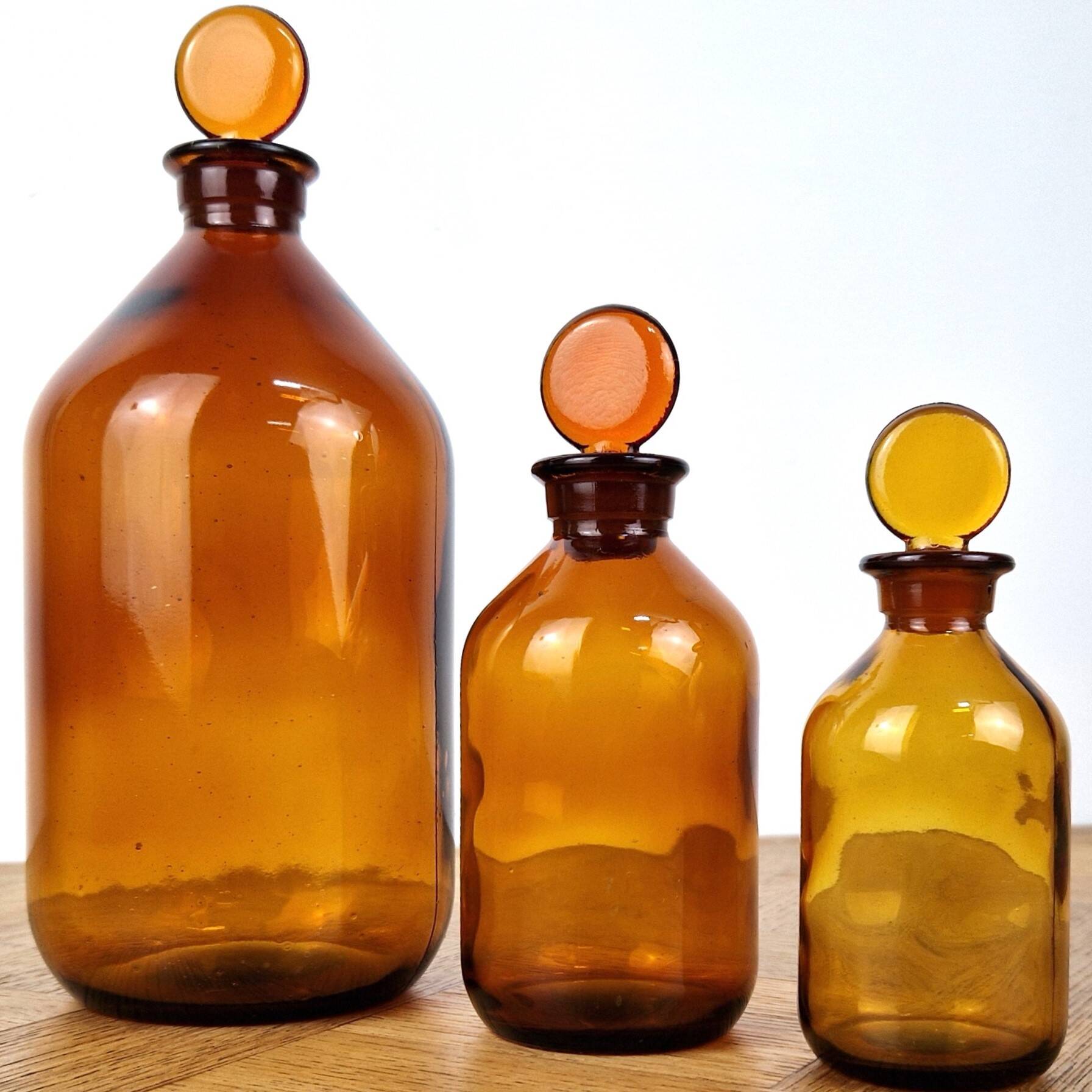 3 amber glass apothecary bottles - pharmacy bottles