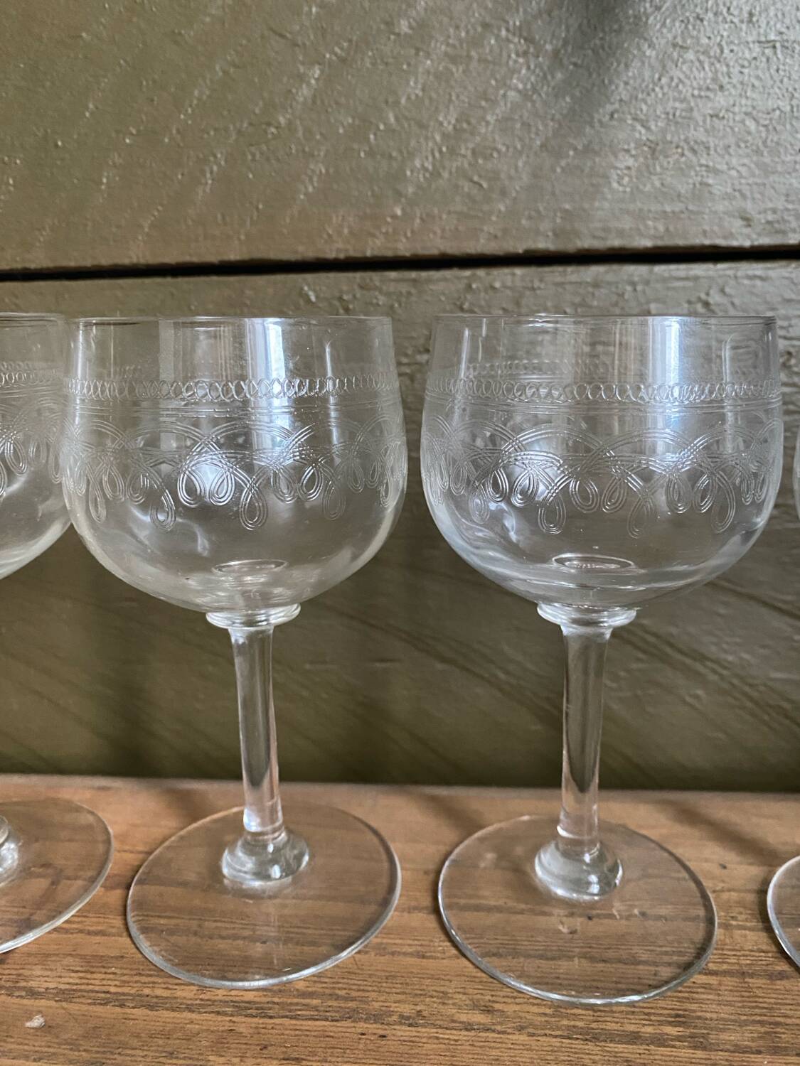 Set of 7 old etched glass stemware