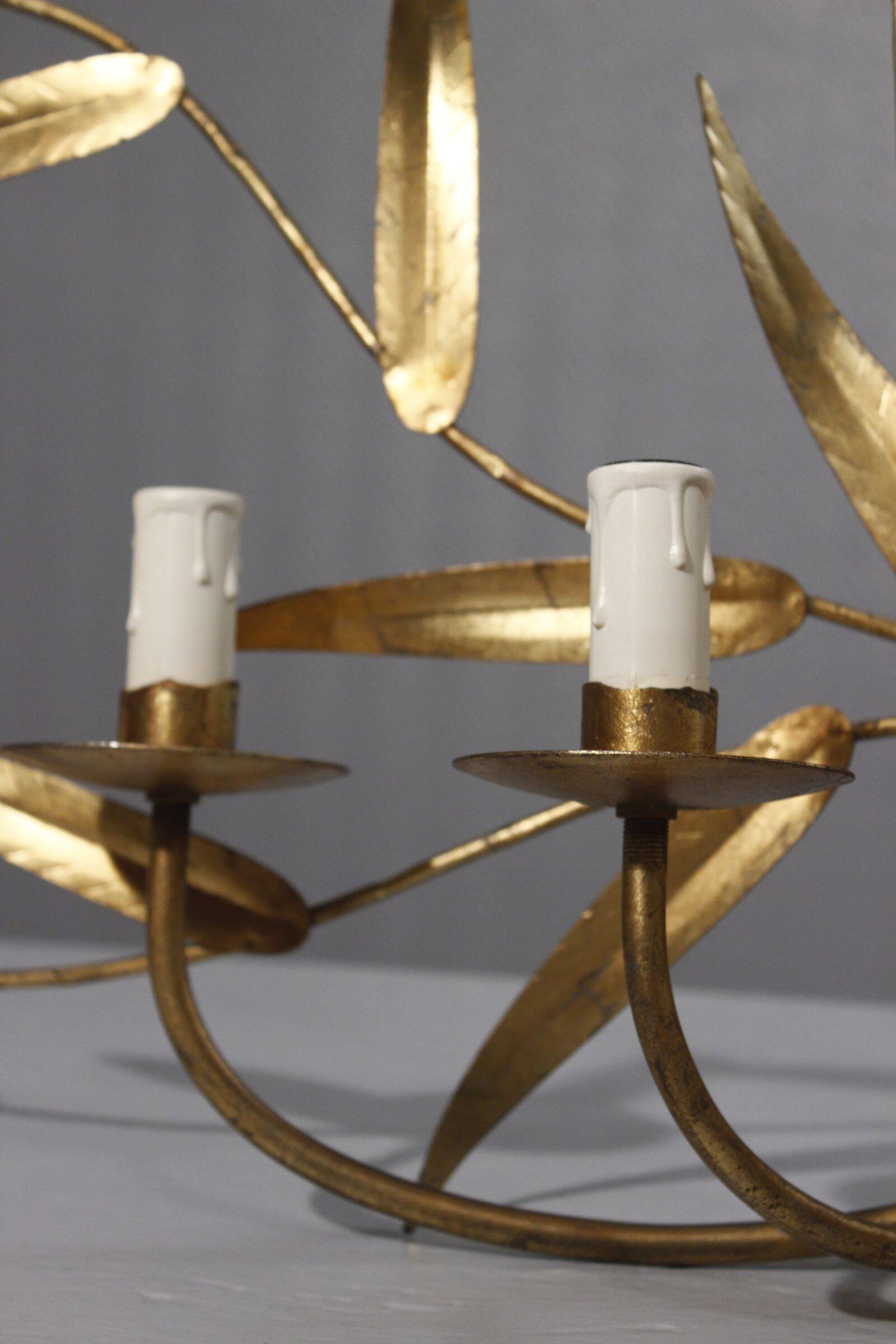 Large wall lamp with golden metal foliage by Ferro Art, 1970s