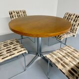 Old round table in solid wood and metal, vintage 70s design
